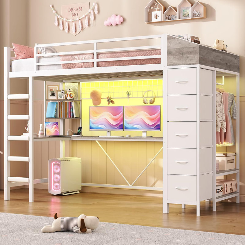 Loft Bed with Desk for Kids & Teens, High Sleeper with Computer Desk for Kids' Room, Small Space, Game Room, Includes LED Lights