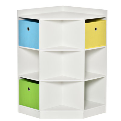 Kids Corner Cabinet, Cubby Toy Storage Organizer, Bookshelf Unit With Three Baskets For Playroom, Bedroom, Living Room