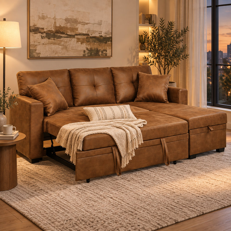 Canapé-lit modulaire convertible de 71 po avec méridienne réversible et lit escamotable, tissu respirant brun clair, facile à assembler et peu encombrant