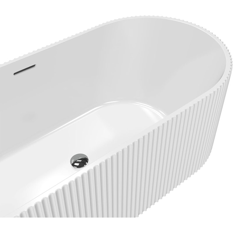 Freestanding Soaking Bathtub, Contemporary Acrylic Pleated Tub, White Stand Alone Bath with Chrome Overflow and Drain, Easy Install for Modern Bathroom Renovation