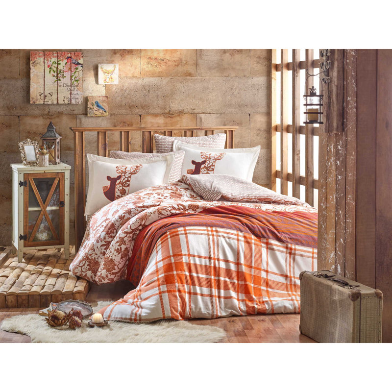 Ensemble de housse de couette 100% coton 3 pièces Marview, Crème / brun / orange
