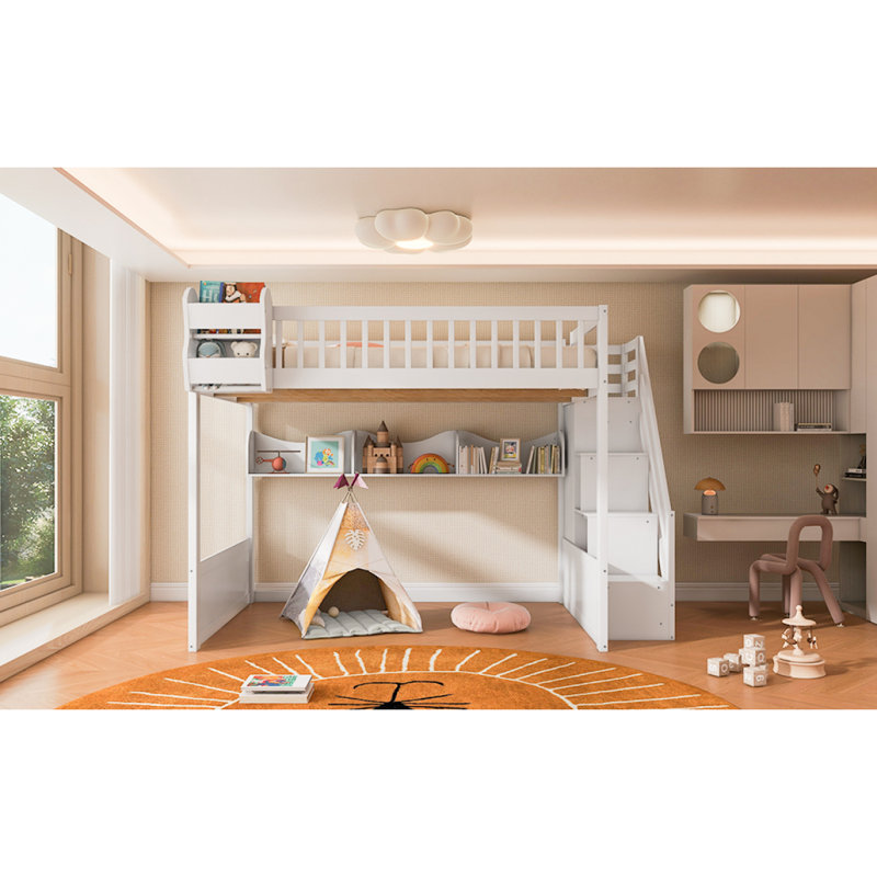 Grand lit mezzanine en bois avec escalier et garde-robe, tablettes de rangement et espace sous le lit, blanc, White