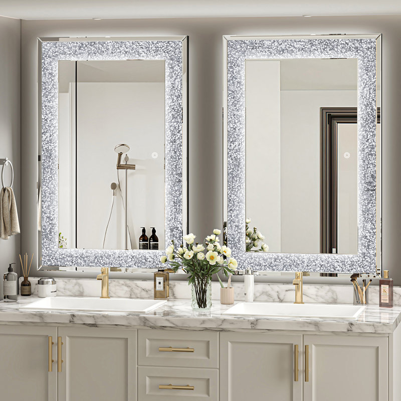 Miroir de salle de bain à DEL, éclairage à intensité variable 3 couleurs, miroir de meuble-lavabo mural rectangulaire moderne, miroir en cristal Diamond Crush