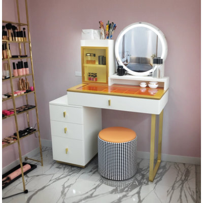 Luxury Led Vanity Table With Storage & Gold Accents – Modern Makeup Desk With Mirror & Stool Jayda Vanity With Mirror And Stool