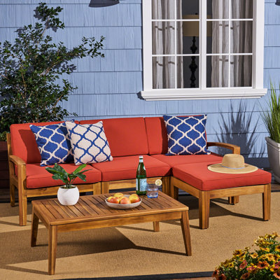 Canapé modulaire d'extérieur en L avec table basse, repose-pieds, bois d'acacia, rouge