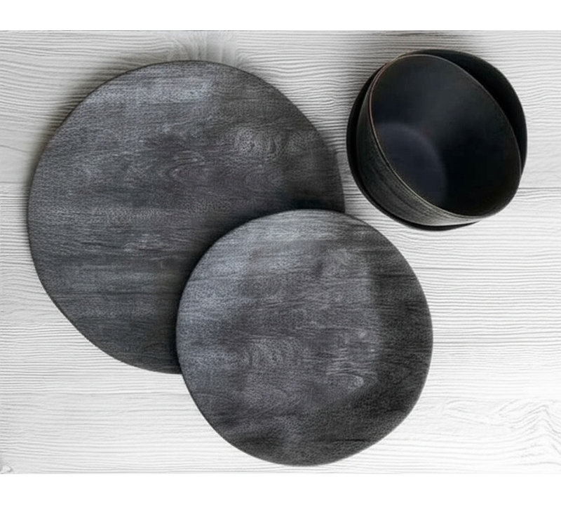 Ensemble 12 pièces de vaisselle en faux bois véritable noirci Planta