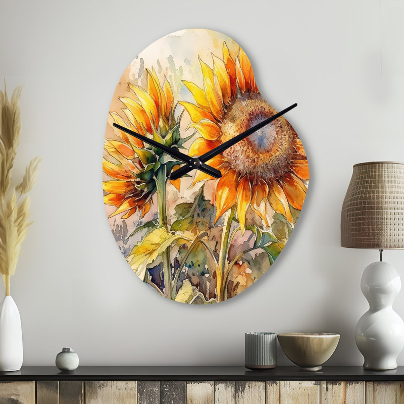 Jaune tournesol symphonie III - horloge murale en forme de tournesol en métal, horloge asymétrique jaune, Petit