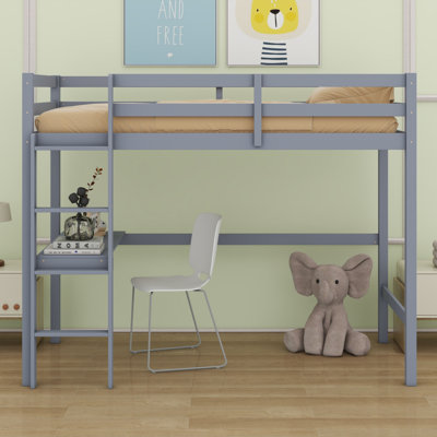 High Loft Bed, Wood Loft Bed With Safety Guardrail, Built-In Desk, Ladder