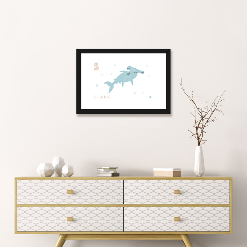 " Shark ", White, 16" H x 24" W x 1" D, Black Framed Paper
