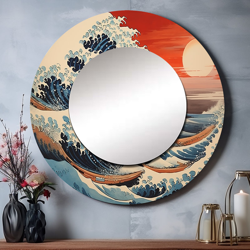 Chef-d'œuvre le grand rouge de Kanagawa V - miroir décoratif chef-d'œuvre, miroir mural rond rouge, impression d'art en métal