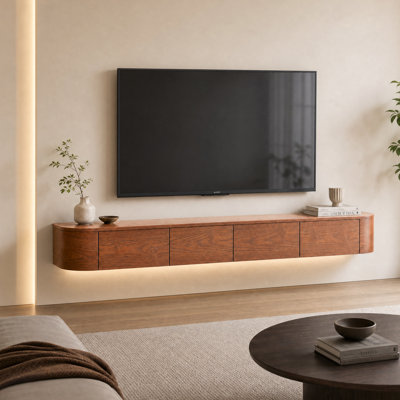 Meuble télé 78 po avec tiroir flottant pour téléviseur de 80 po ou moins, meuble télé mural de style Mid-Century pour salon, chambre à coucher au fini noyer rouge