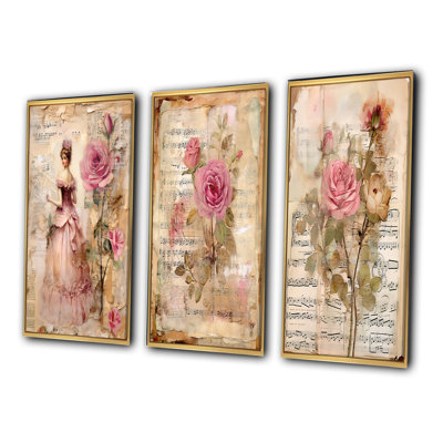 Victorian Lady Roses Wall Art, 3-Piece Print Set - Victorian Lady Pink Roses Rustic Vintage