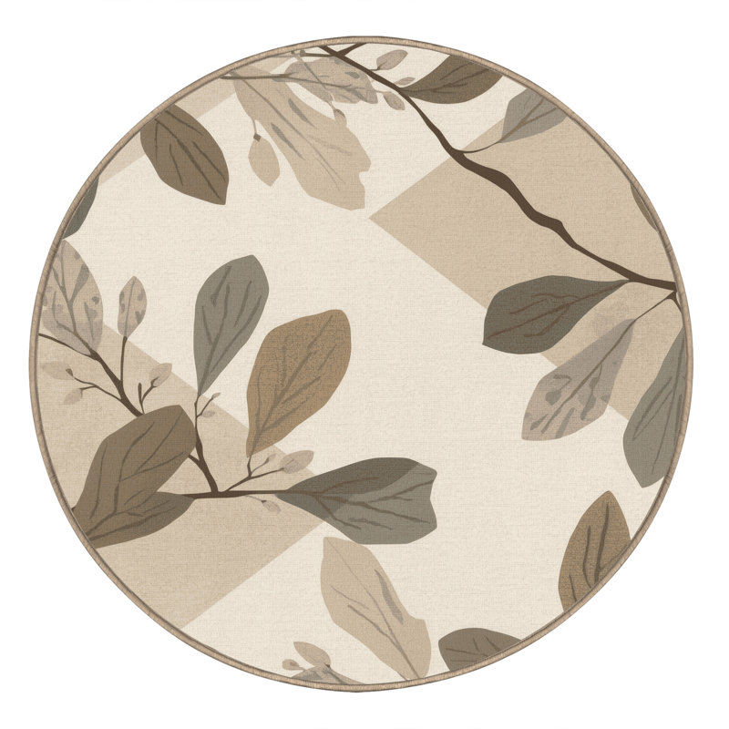 Machine Washable Oyan Olive Branch Coastal Geometric Rug in Beige – Beige Binding, 5' Round
