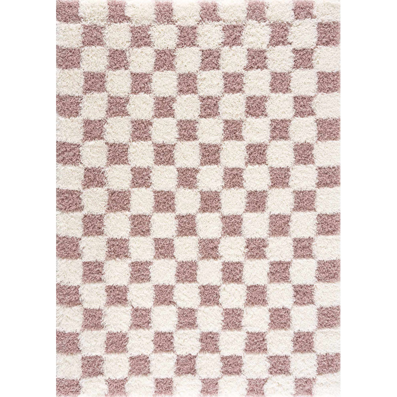 Atiran Checkered Shag Pink Area Rug, Rectangle 6'7" x 9'6"