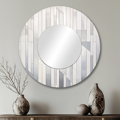 Grey White Platinum Parallels - Abstract Shapes Round Mirror Wall Decor