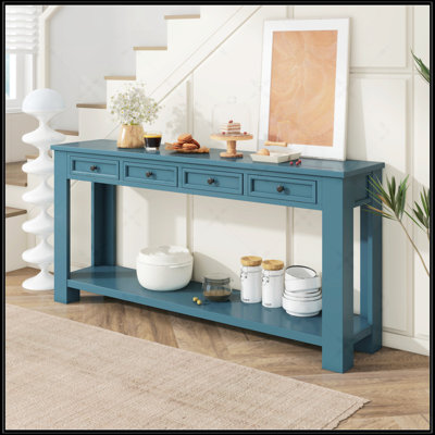 Console rustique chic avec tiroirs de rangement et tablette inférieure pour le vestibule, finition bleu foncé