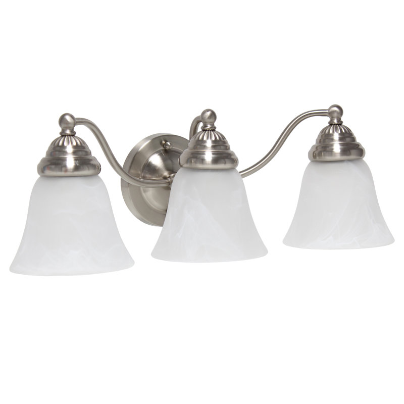Brushed Nickel 3-Light Vanity Fixture with Alabaster Shades