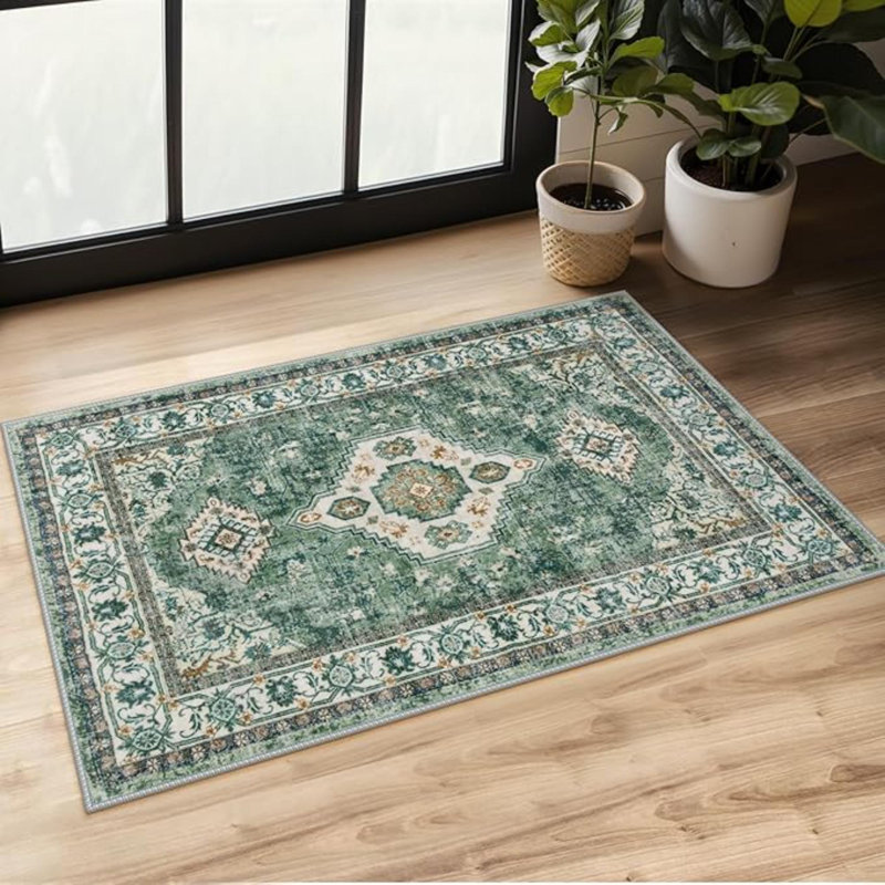 Oriental Small Rugs For Entryway, 2X3 Rug Non Slip Washable Door Mat Indoor Entrance Ultra-Thin Vintage Soft Carpet For Kitchen Bedroom Front Door Bathroom, Green/Multi