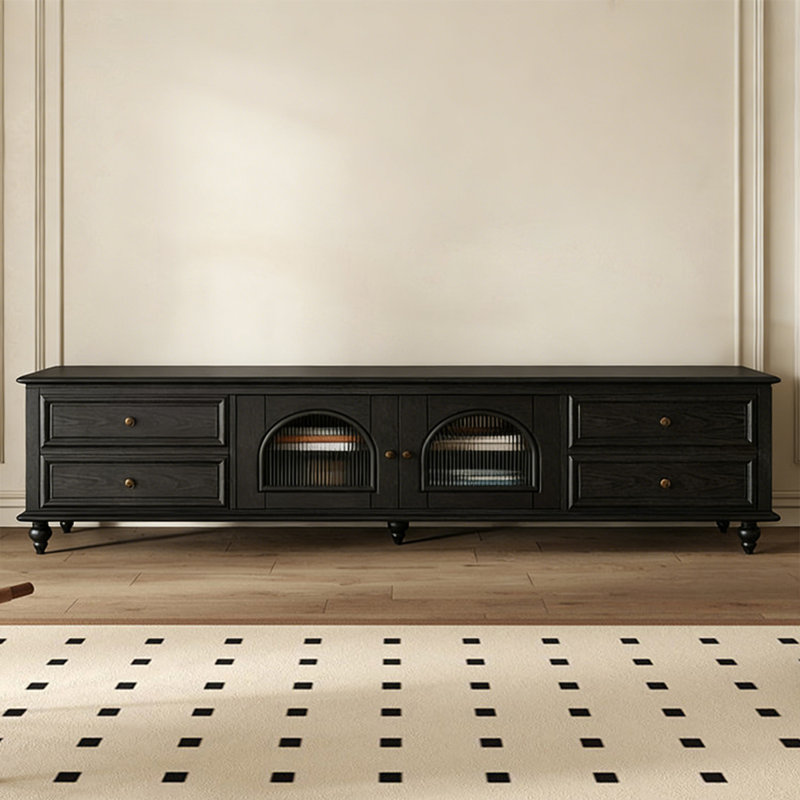 Meuble télé rétro en bois massif noir, H 21,65 po x L 70,87 po x l 15,75 po
