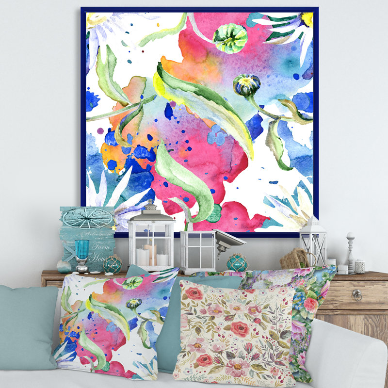 Iridiscent Daisy Flowers - peinture sur toile, Toile encadrée bleu, H 36 po x l 36 po x P 1 po