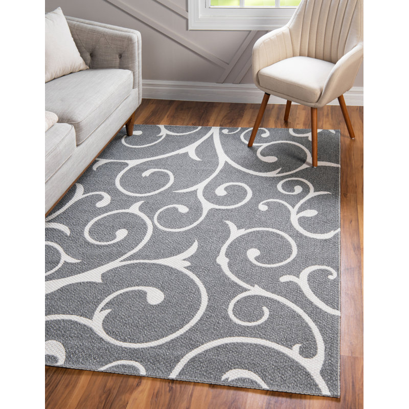 Tapis gris foncé / ivoire en coton damassé Omro, Rectangle 6 pi 4 po x 9 pi