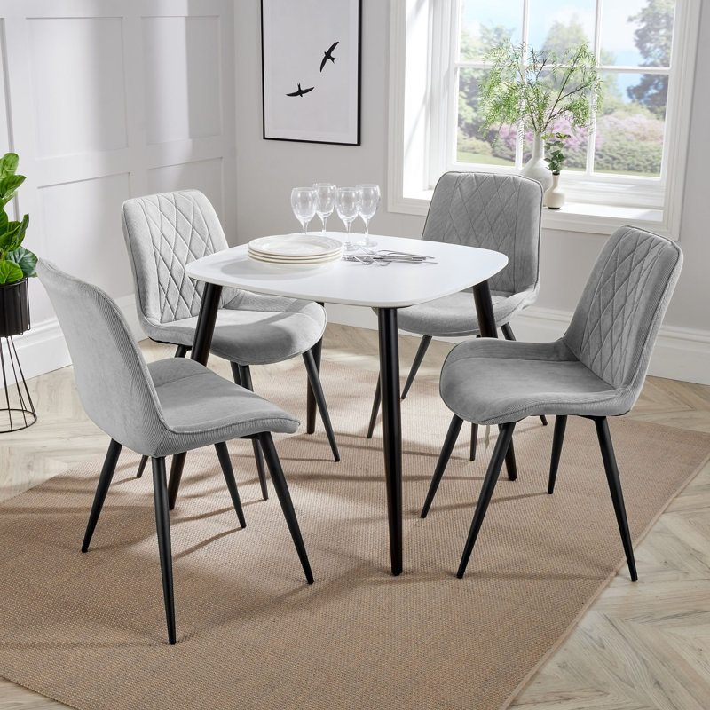 Aspen 5-Piece Casual Dining Set - Square Dining Table & Four Upholstered Diamond Fabric Chairs, White, Light Grey