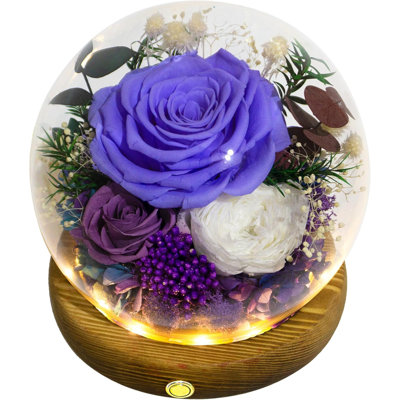 Preserved Real Flowers Gift With Led Lights Violet Rose, Purple & White Austin Roses
