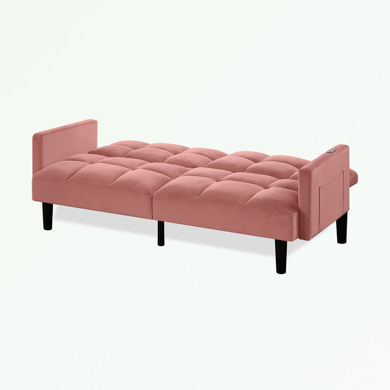Velvet Convertible Folding Sofa Bed with side pocket, Pink