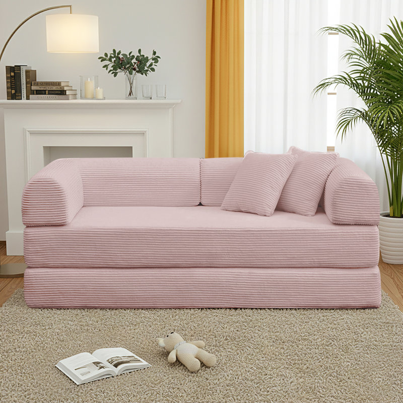 63" Compression Convertible Sleeper Futon Sofa Bed, 4-in-1 Corduroy Upholstered Floor Couch with 2 Pillows, No Assembly Required