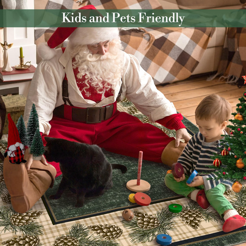 Tapis rustique à carreaux de houx et de baies de Noël, Vert, 3 pi x 5 pi