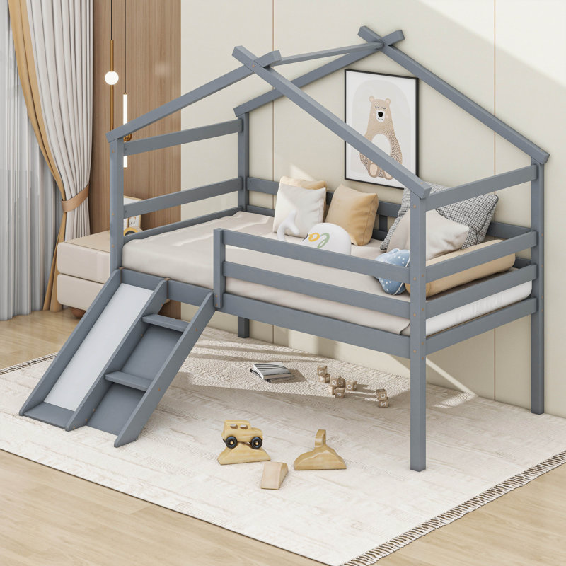 Twin Low Loft House Bed With Slide, Ladder, Safety Guardrails, Gray