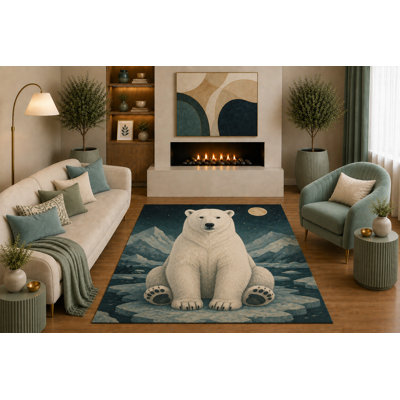 Tapis ultra-léger 152 x 213 cm (5 pi x 7 pi) motif ours polaire, faune arctique et montagne, idéal pour le salon, la chambre, la chambre d'enfant ou le bureau. Dos en silicone antidérapant, poils courts.
