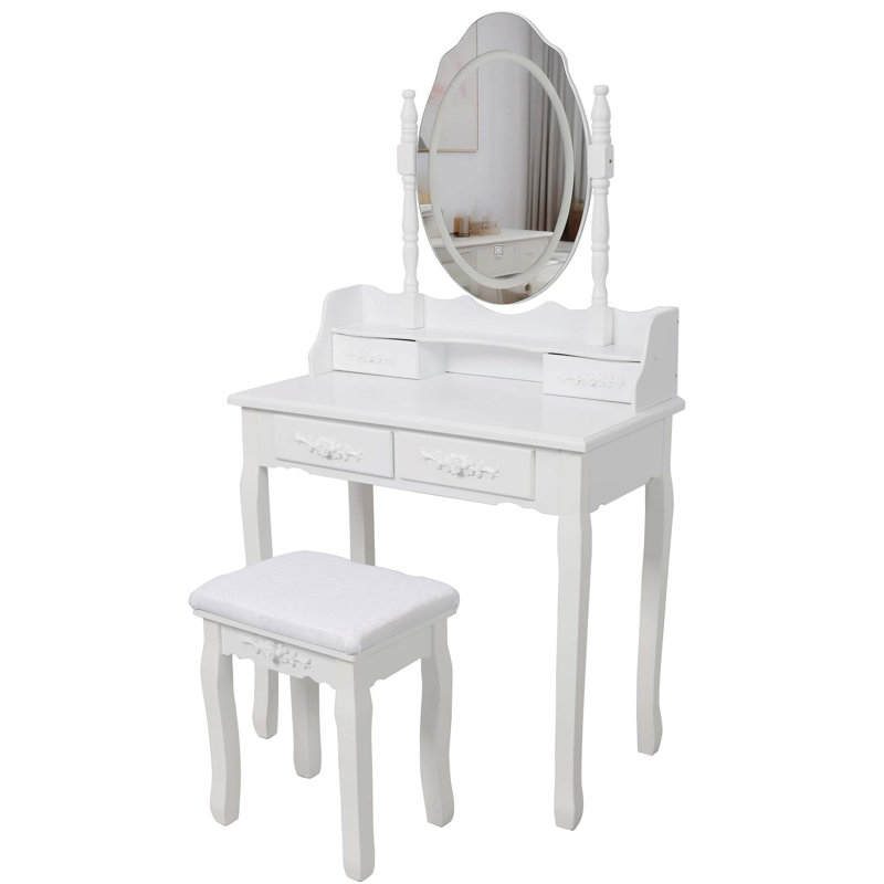 Vanity Desk Set With Mirror, Light Modes, And Cushioned Stool, 4-Drawer Wooden Makeup Table For Bedroom, White