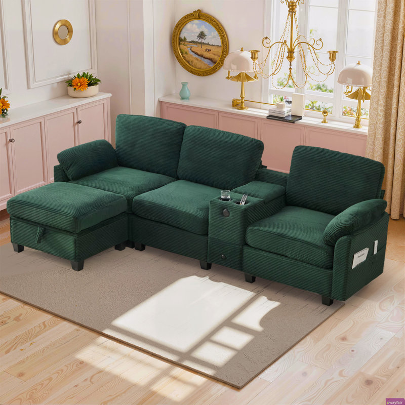 Naomi 104.72"W Modular Corduroy Sectional, LAF, RAF, Console Box, USB Charge, Cup Holders, Storage Ottoman, Green