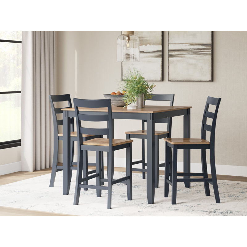 Table de salle à manger à hauteur de comptoir Gesthaven et 4 tabourets de bar (ensemble de 5), Bleu, Bleu / bois