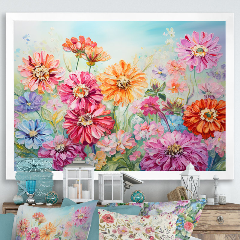 Zinnias Farmhouse Field Charm sur toile, H 30 po x l 40 po x P 1,5 po, Cadre simple blanc
