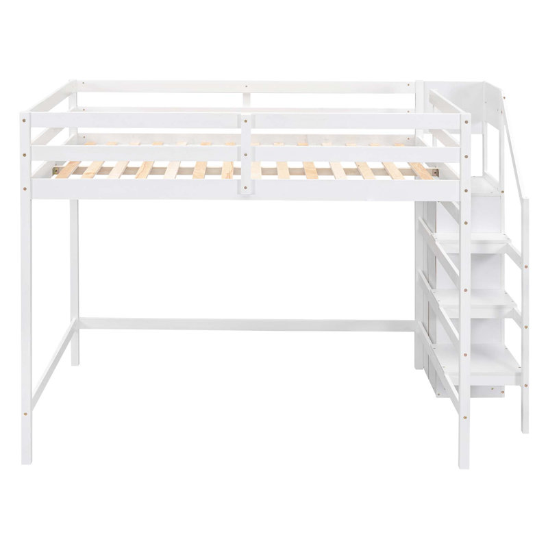 Jaelina Full Size Loft Bed with Built-in Storage Wardrobe and Staircase, White