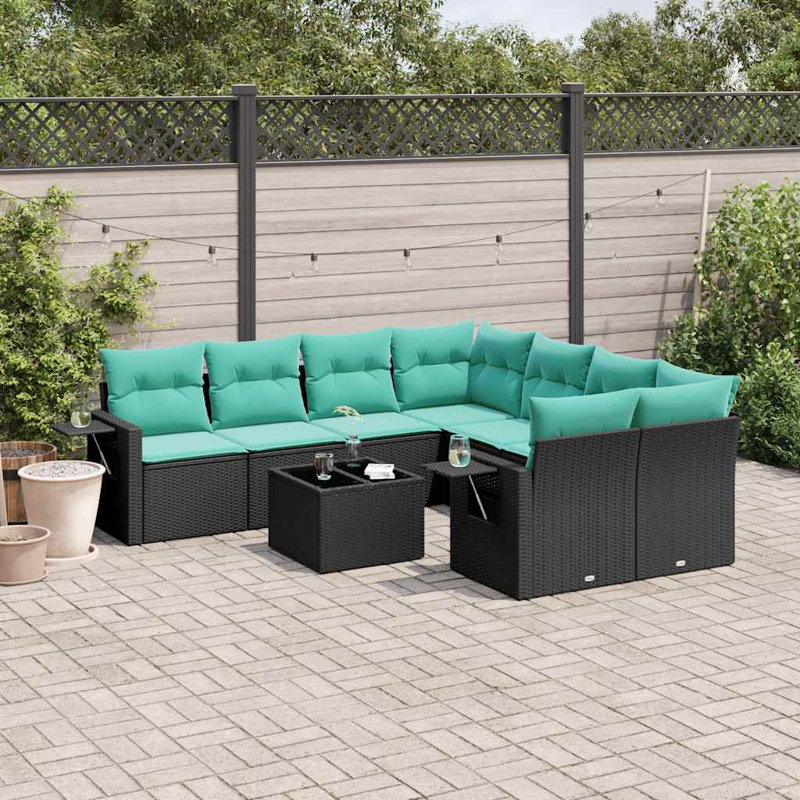  Ensemble de canapé de patio 9 pièces avec coussins en rotin de polyester noir