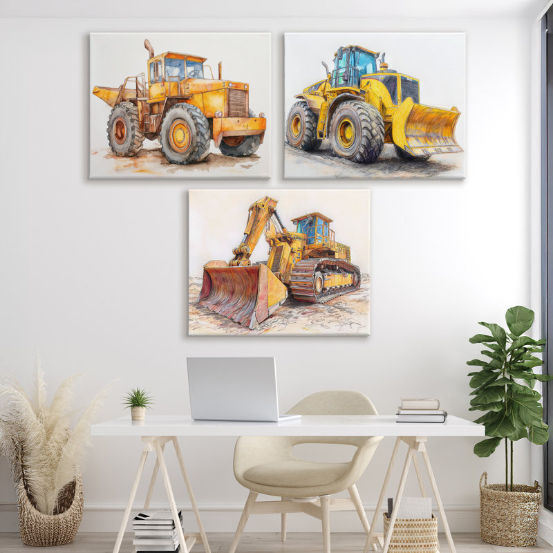 Ensemble de 3 toiles de construction variées, par Steve Hunziker, H 24 po x l 30 po