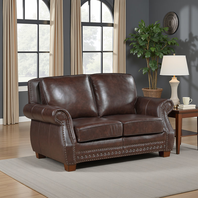 Southlake 64.5" Traditional Top Grain Leather & Faux Leather Loveseat with Nailhead Trim, Solid Wood Feet, Attached Cushions