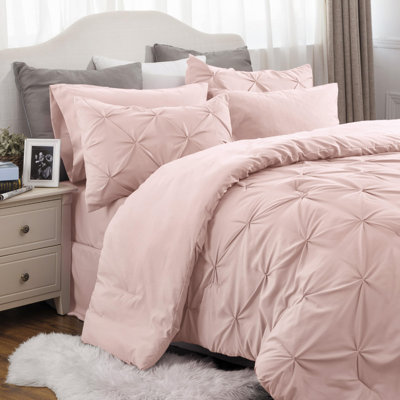Bedsure Twin Pintuck Bed-in-a-Bag- Light Pink Pinch Pleat Comforter with Sheets, Pillowcases & Shams