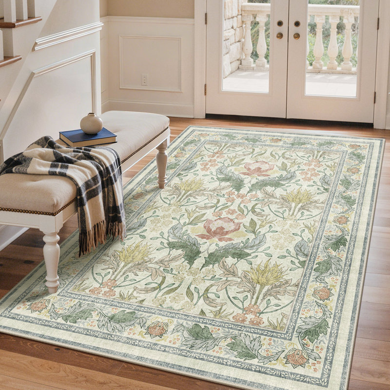 Tapis floral vert / beige antidérapant lavable à la machine Bloom, Beige/vert, Rectangulaire 8 pi x 10 pi
