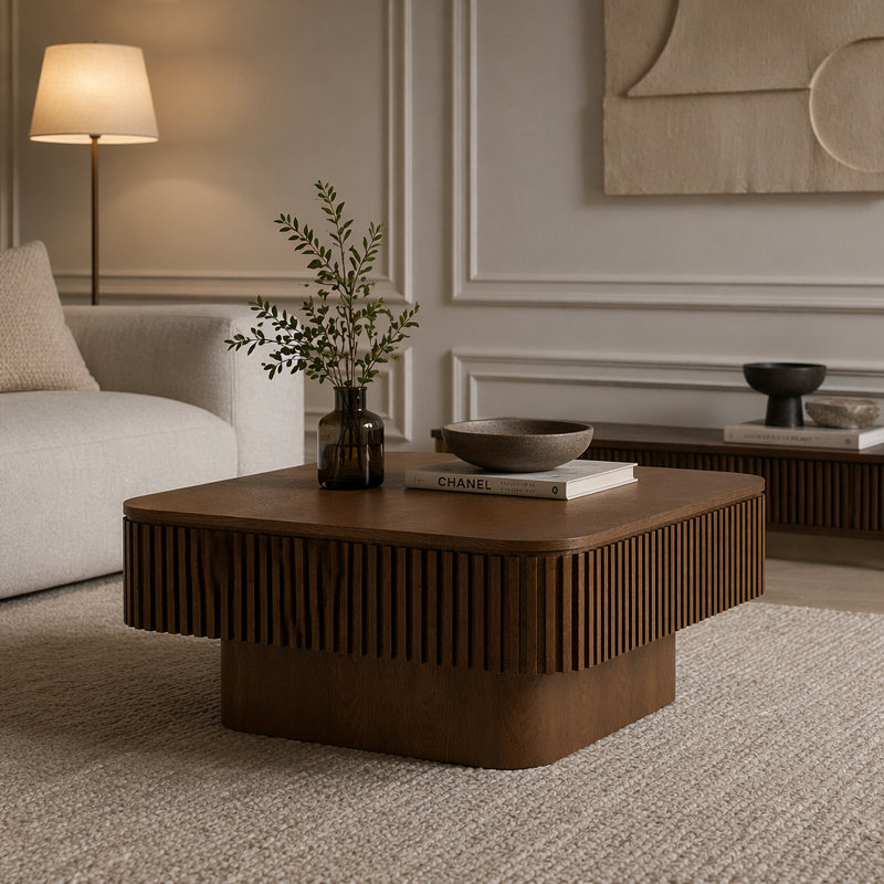 Table basse carrée 31,5 "avec rangement, Bois naturel