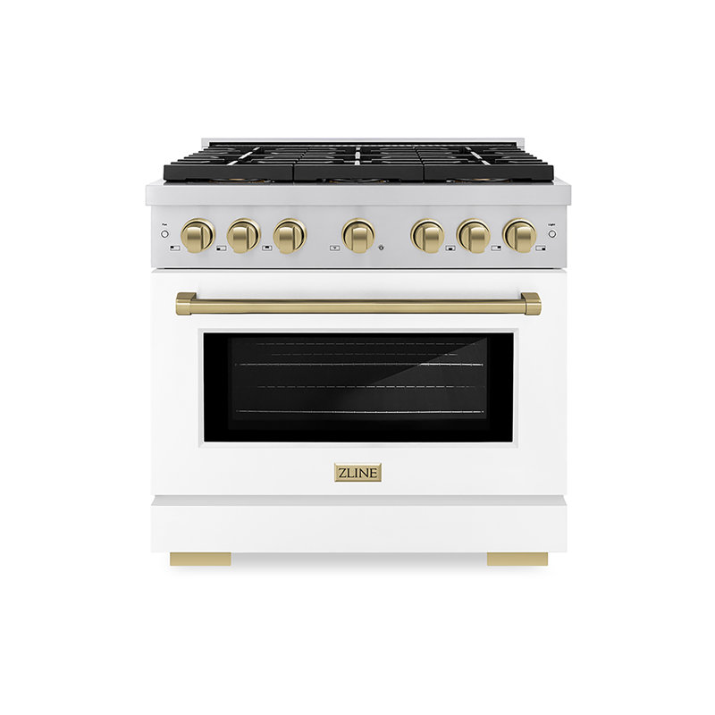 ZLINE Autograph 36 in. Paramount Gas Range with 6 DuoPro Burners w/ Black Door & Gold Accents, White Matte, Champagne Bronze