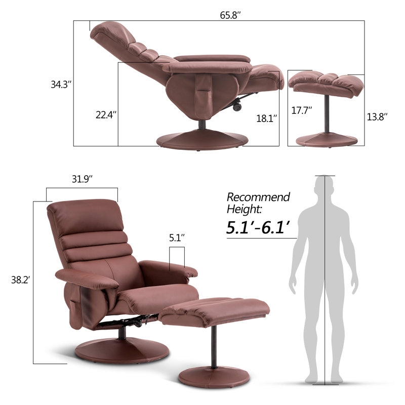 Airanna Recliner with Ottoman, Reclining Chair with Massage, 360 Swivel Chair,  Faux Leather, Brown Faux Leather