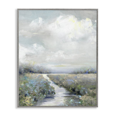 " Tranquil Flowers Blooming Meadow Path Puffy Clouds "