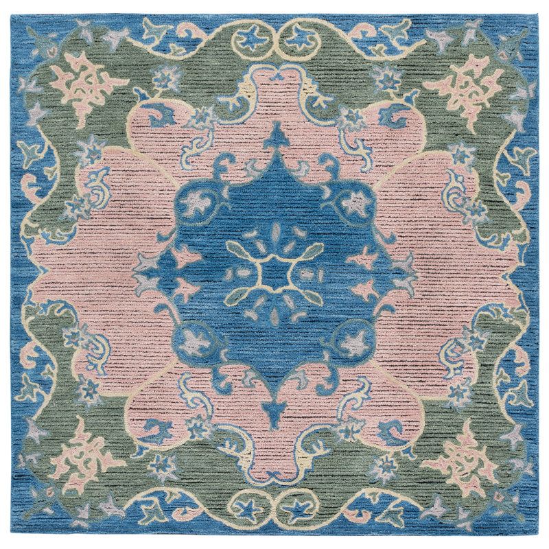 Tapis oriental bleu en laine / coton touffeté à la main Savonnerie 402, Carré 6 pi