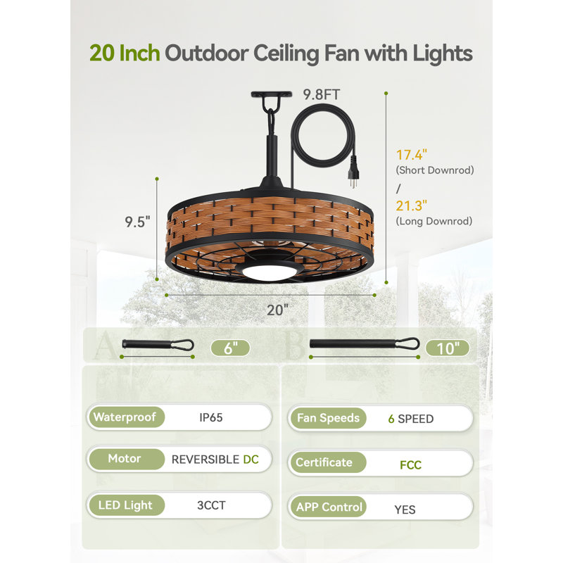 Ventilateur de plafond à brancher imperméable avec abat-jour extérieur en rotin de 20 po avec éclairage et télécommande Cissline
