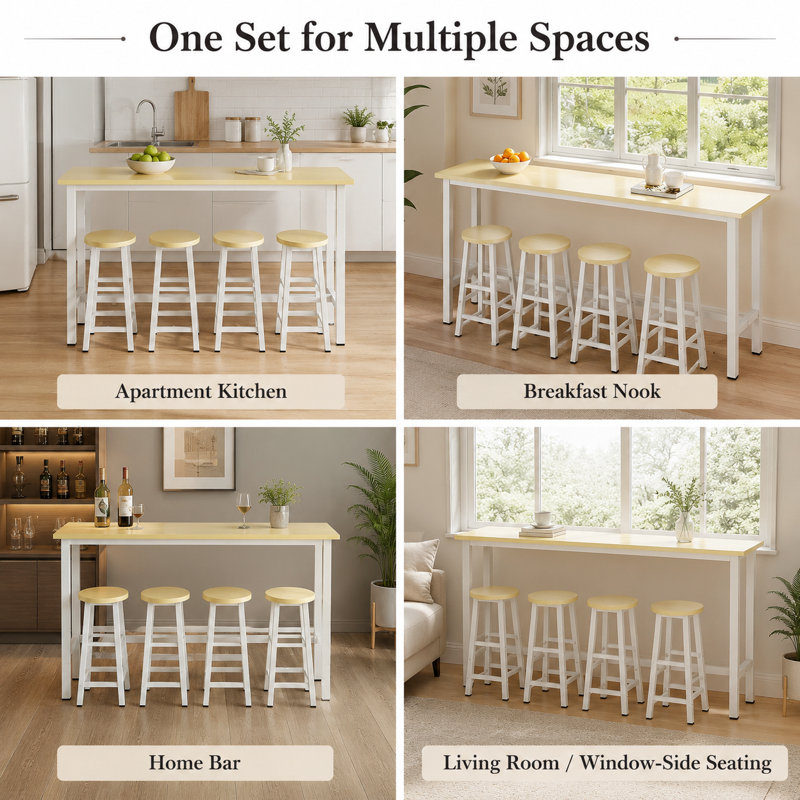 70.8" Narrow Counter Height Bar Table Set with 4 Stools, Space-Saving Dining Set for Apartment Kitchen, Breakfast Nook and Behind-the-Couch Seating, White/Natural