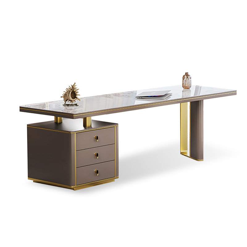 Bureau 62,99 po gris + or fritté rectangulaire + bois manufacturé + acier inoxydable avec bureau à 3 tiroirs